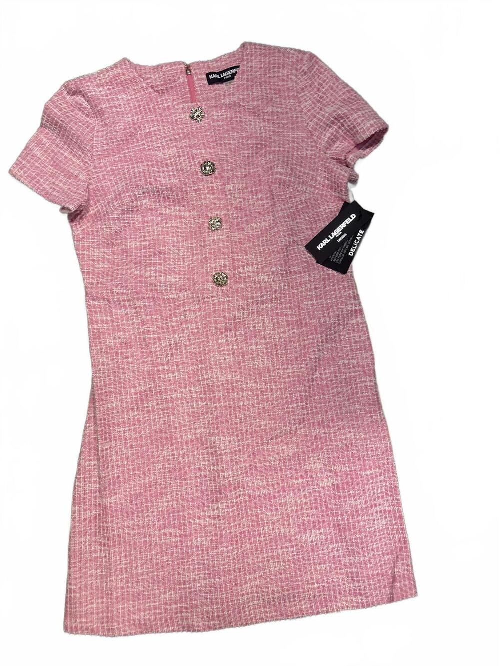 NWT Karl Lagerfeld Paris Pink Metallic Tweed Short Sleeve Dress Size 14